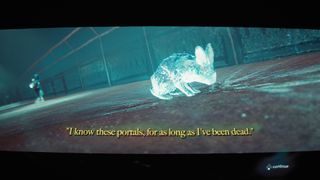 A ghostly rabbit in Skate Story. The subtitles read, "I know these portals, for as long as I've been dead."