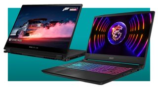 Two gaming laptop deals on a blue background