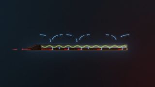 The mechanism of the membrane layer inside a Frore AirJet, showing air being pulled in from the top and vented out of the end of the device