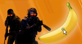 People holding guns approaching large banana