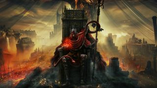 Elden ring Key art of Messmer the Impaler sitting on a throne