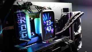 Hyte's Thicc Q60 liquid cooler with a huge 5-inch screen on the cold plate.