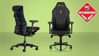 The best gaming chair guide header image with Logitech Herman Miller Embody chair and Secretlab Titan Evo 2022 on a green background with PC Gamer recommend badge.