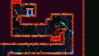 Splodey - a figure platforms in an arc over a pool of lava in a split screen level