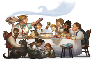 A group of halflings having dinner from the 2024 Dungeons & Dragons Player's Handbook.